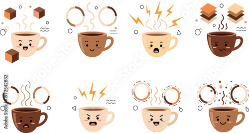 Cute Coffee Cup Emotions Set with Funny Facial Expressions and Different Mood Reactions Cartoon Style for Cafe Branding and Vector Illustration Design.