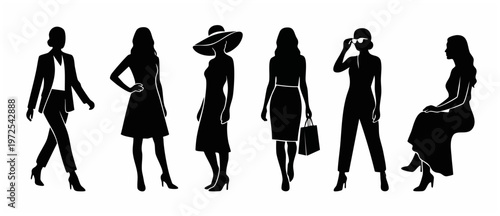 Woman Silhouette Fashion - Diverse Poses of Stylish Women in Various Outfits, Standing, Walking, and Sitting on a Chair, Black Shapes on White Backgrounds. Generative AI