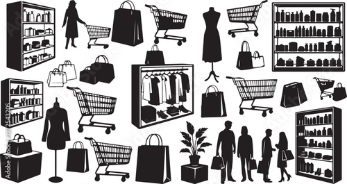 Shopping icons and people in a retail store environment illustration