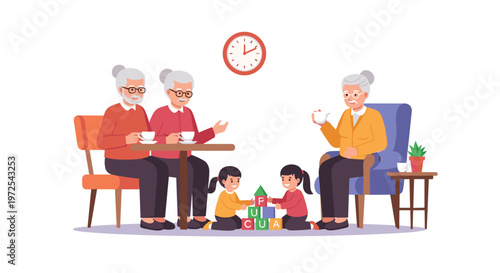 A heartwarming and vibrant scene shows elderly grandparents relaxing with tea while their young granddaughters build a tower using colorful wooden blocks.