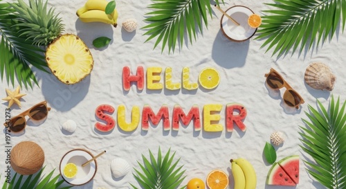 Hello Summer message with tropical fruits and beach accessories on sand