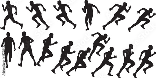 Collection of running silhouettes in various dynamic poses and movements