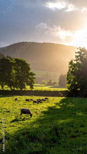 Serene Landscape with Sheep Under Golden Sunset in Lush Pasture