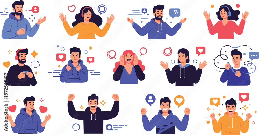 © MstSuborna - People Emotions and Reactions Characters Set with Social Media Icons Showing Feelings Expressions and Communication Concepts for Modern Digital Vector Illustration Design.