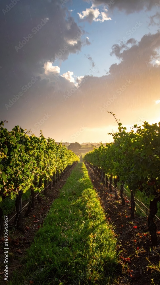 Fototapeta premium Serene Vineyard Pathway Under Dramatic Sky at Sunset