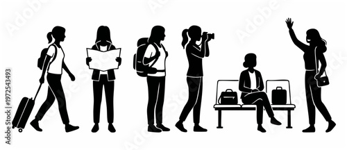 Travelers Silhouette at Airport - Black and White Passengers with Luggage, Backpacks, Map and Camera Waiting, Arriving, Departing, Waving in Monochrome Minimalist Style Vector Illustration