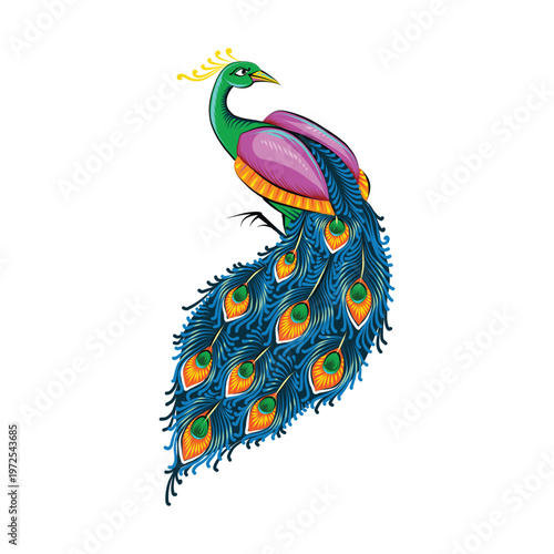 Vibrant peacock illustration in traditional Bengali rickshaw painting style. Ethnic folk art for Pohela Boishakh New Year, cultural festivals, and decorative design projects. Traditional Bengali art.