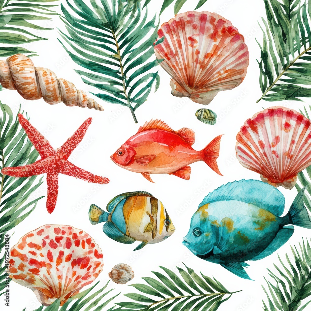 Naklejka premium This pattern features hand-painted seashells tropical fish coral starfish and palm fronds in vibrant watercolors on a light background.