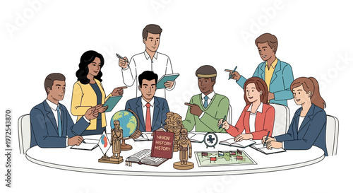 Diverse group of people discussing history around a table with globe