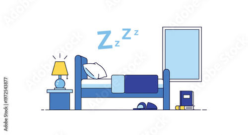 A serene and quiet bedroom illustration displays a comfortable blue bed with soft pillows and a glowing yellow lamp on a matching nightstand furniture.