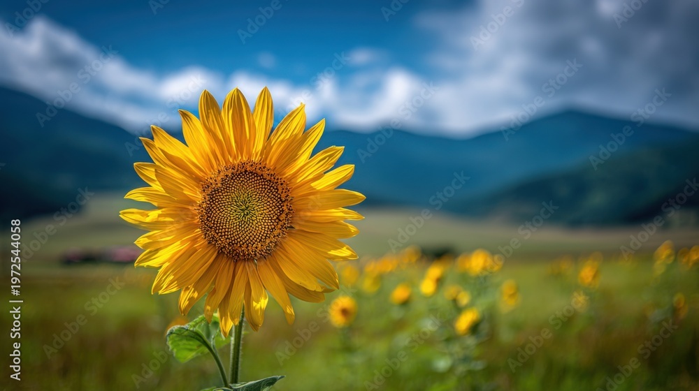 Fototapeta premium Vibrant Sunflower Facing the Sun in a Blooming Field Under a Blue Sky