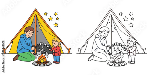 Father and Daughter Camping and Roasting Marshmallows by a Campfire Illustration and Coloring Page Set