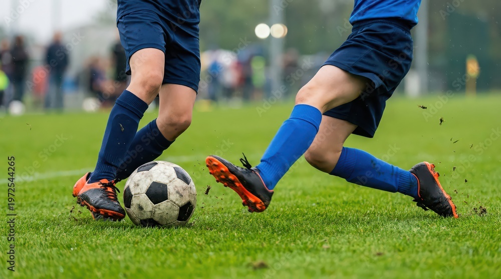 Obraz premium Low angle action shot of two soccer players competing for the ball on a green grass field wearing blue shorts and socks with black cleats
