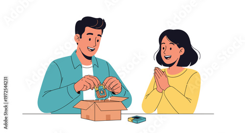 A happy young man unboxes a new electronic component from a brown cardboard package while an excited woman watches with her hands clasped together.
