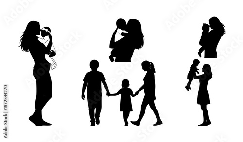Mother day silhouettes vector set with mom and child love family illustration