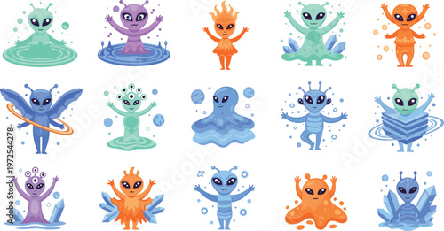 Cute Alien Characters Set with Colorful Extraterrestrial Creatures in Different Shapes Cartoon Style for Kids Design Sci Fi Theme and Vector Illustration Collection.