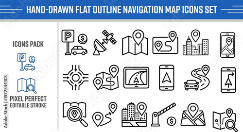Outline vector icon set of GPS navigation, map location and travel routing