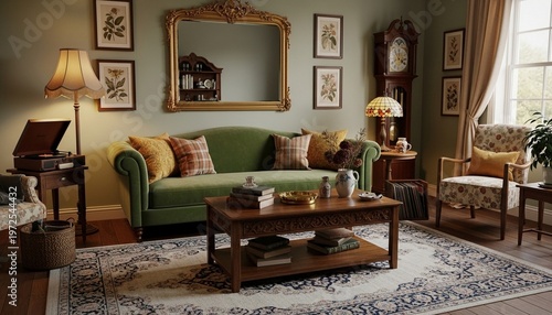 Vintage living room, classic interior design, green sofa, antique furniture, home decor