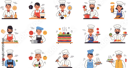 Professional Chef Characters Cooking Set with Different Kitchen Activities Food Preparation Cartoon Style for Restaurant Menu Design and Vector Illustration Collection.