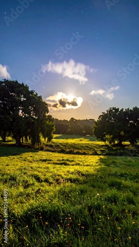 Serene Night Landscape with Full Moon Over Lush Green Fields