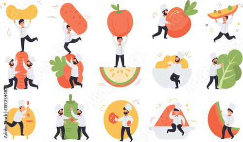 Chef Characters with Giant Fruits and Vegetables Set Showing Healthy Food Concept Cartoon Style for Nutrition Design and Vector Illustration Collection.