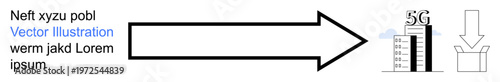 Technology, data flow, cloud computing, 5G network, innovation, internet speed. Black arrow pointing from text to 5G tower and cloud. Data flow and 5G network concept
