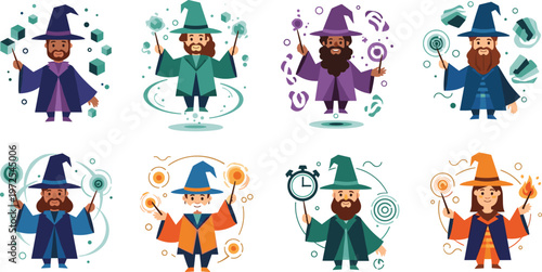 Fantasy Wizard Characters Set with Magic Spells Staff and Enchanted Elements Cartoon Style for Game Design Storytelling and Vector Illustration Collection.