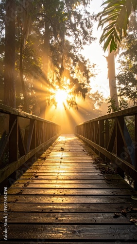 Serene Sunrise Over Misty Forest Pathway with Wooden Bridge