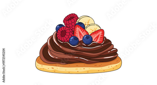 A single fluffy golden pancake is topped with a thick swirl of creamy chocolate frosting and a colorful assortment of fresh raspberries and sliced bananas.