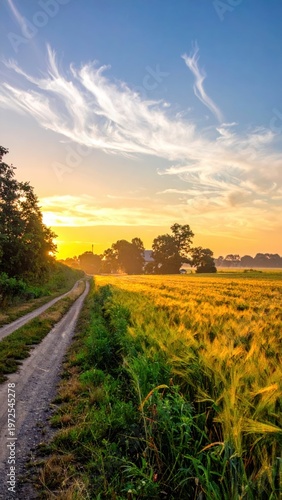 Serene Sunset Over Golden Wheat Field Along Peaceful Country Road