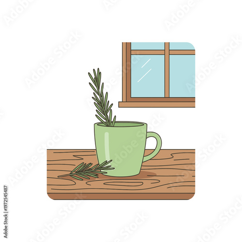 Aromatic Herb Infusion: A serene moment captured, featuring a sprig of aromatic rosemary gently placed in a green mug. Beside it, a glimpse of the outside world is offered through a window. 