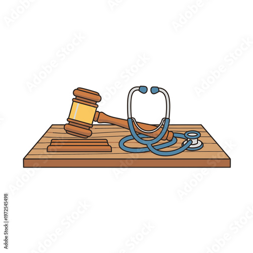 Justice and Healthcare: A gavel and stethoscope lie side by side on a wooden surface, symbolizing the intersection of legal and medical realms.