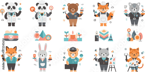 Cute Animal Profession Characters Set with Panda Fox Bear Cat and Rabbit in Different Jobs Cartoon Style for Kids Education and Vector Illustration Design.