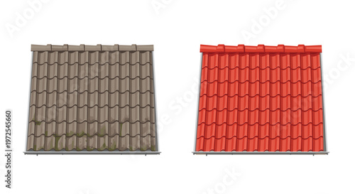 This horizontal graphic displays the striking difference between an old grey tiled roof with moss growth and a newly restored bright red shingle section.