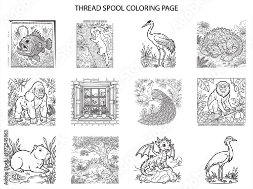 Thread spool coloring page featuring anglerfish fisher cat window peacock monkey capybara dinosaur dragon and heron vector art