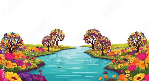 A picturesque and vibrant landscape illustration showcases a sparkling blue river meandering through a meadow overflowing with colorful wildflowers and blooming trees.