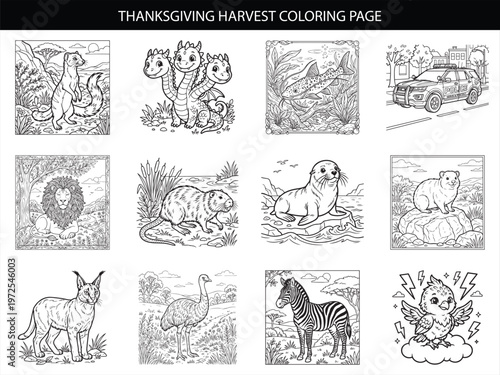 Thanksgiving harvest coloring page featuring ferret dragons fish police car lion beaver seal quokka lynx ostrich zebra and bird