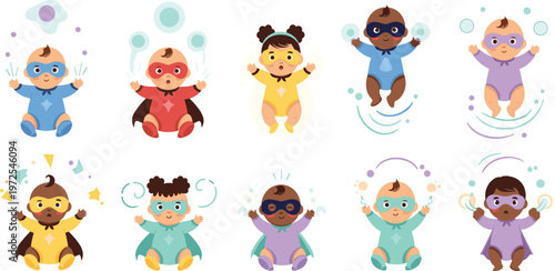 Cute Superhero Babies Cartoon Set with Diverse Kids Characters, Flying Poses, Superpowers, and Adorable Hero Costume Vector Illustration Collection.