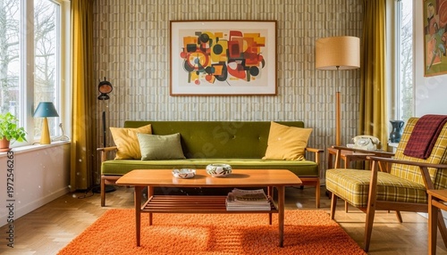 Mid century modern living room, retro style interior, green sofa, wooden furniture, colorful decor