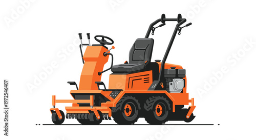 A detailed flat illustration depicts a heavy duty orange industrial lawn mower designed for professional landscaping and large scale turf maintenance tasks outdoors.