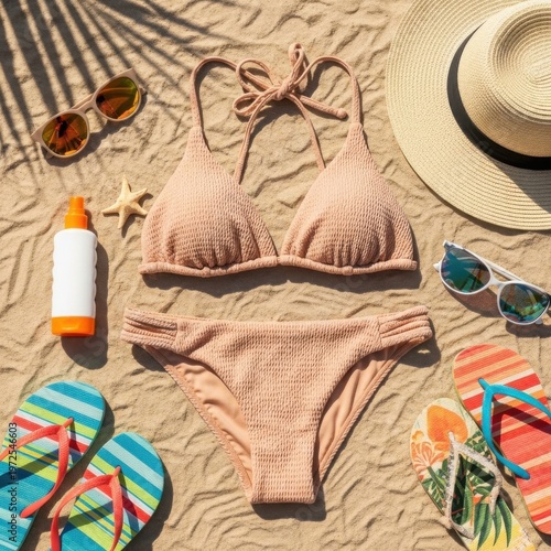 Beach Vacation Flat Lay: Bikini, Sunscreen, Sunglasses, Flip-flops on Sand