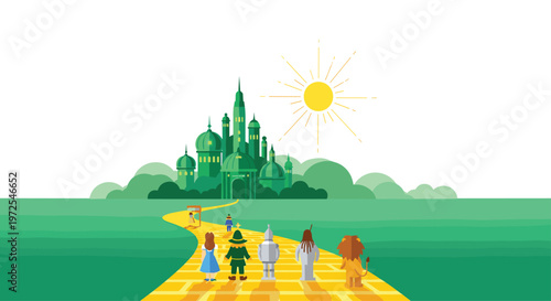 Iconic storybook characters journey along a winding yellow brick road toward a majestic green emerald city under a bright yellow sun in a flat illustration.