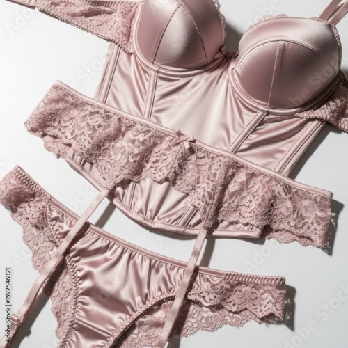 Elegant Pink Satin Lingerie Set: Corset, Garter Belt, Panty
