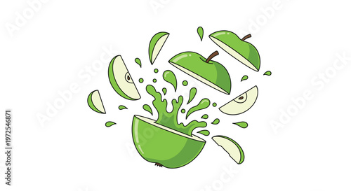 A crisp green apple bursts open to reveal a vibrant liquid splash of emerald juice surrounded by floating fruit wedges on a pristine white background.