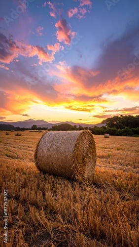Stunning Sunset Over Golden Field with Straw Bales and Clouds