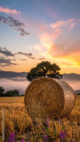 Golden Sunset Over Rolling Hills and Hay Bales in Serene Landscape