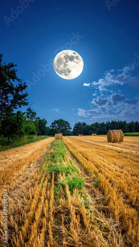 Luminous Full Moon Over Serene Agricultural Field at Night Sky
