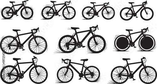 Collection of various bicycle silhouettes in different positions and angles