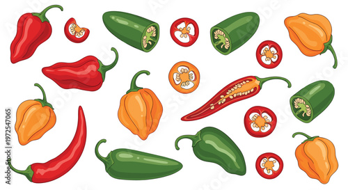 A vibrant collection of whole and sliced red, green, and orange chili peppers including spicy habaneros and jalapeos are displayed on a white background.