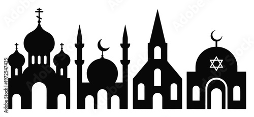 Silhouette of diverse religious buildings: church, mosque, synagogue, and orthodox church